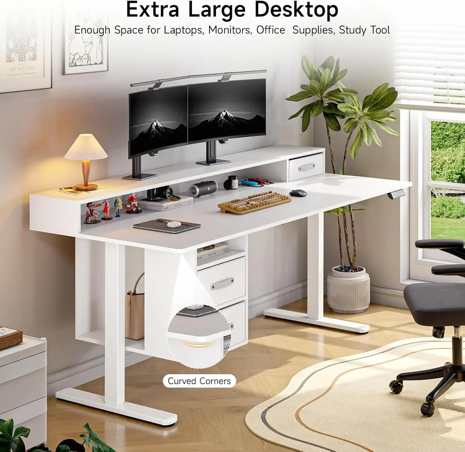 Mesa de pé com gavetas, mesa elétrica de 63x24 polegadas com 3 gavetas e prateleira de armazenamento aberta, mesa de suporte para sentar