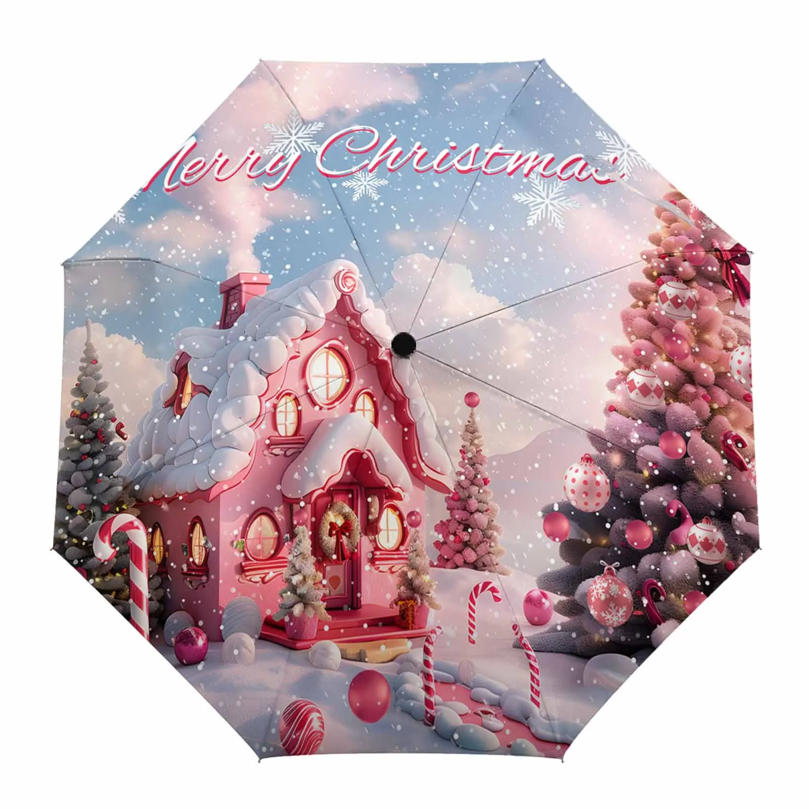 Christmas Candy House Snow View Countryside Outdoor Beach Printed Rain Umbrella for Women Fully-automatic Foldable Sun Umbrella