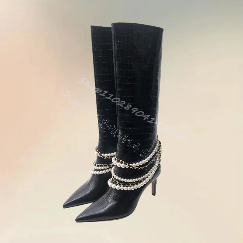 Pearl Chain Black Alligator Print Pointed Toe Boots Slip On Women Shoes Thin High Heels Fashion Party 2026 Zapatos Para Mujere
