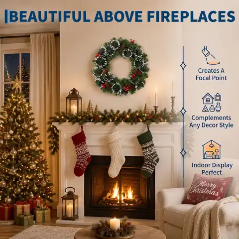 Pre-Lit LED Christmas Wreath with Berries & Pine Cones – Snow-Flocked Artificial Holiday Door Decor for Indoor/Outdoor Use – Warm White Lights – 45/60/66 cm