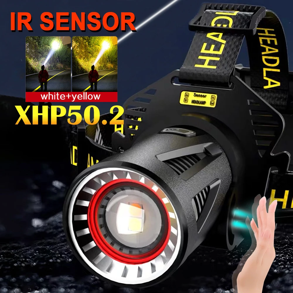 IR Sensor 2*XHP50 Powerful LED Headlamp Rechargeable Head Flashlight 50W High Power Headlight 18650 Head Lamps Camping Lanter