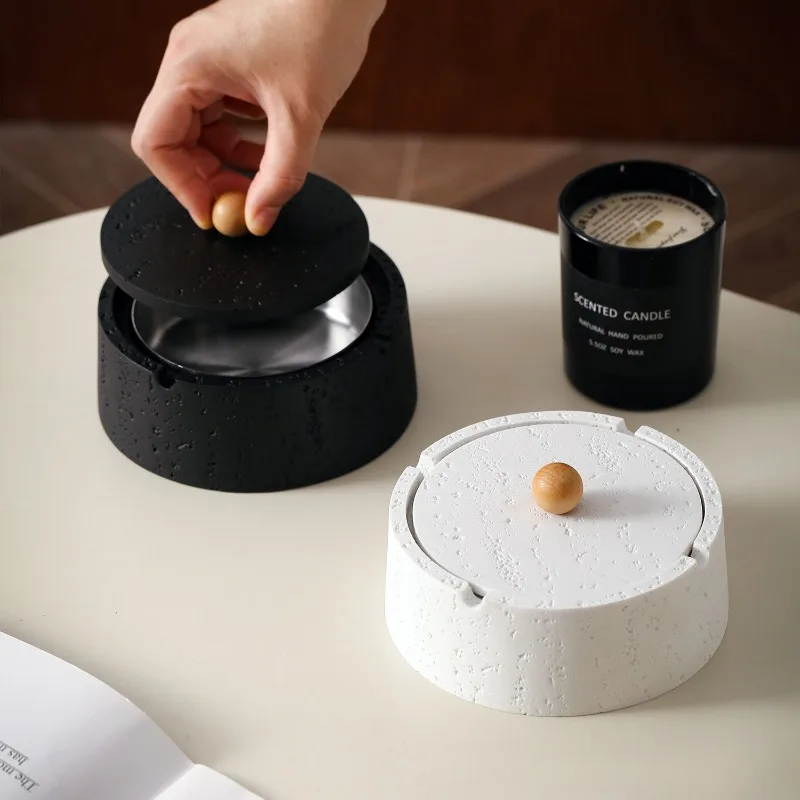 Wabi-sabi wind tunnel stone ashtray with cover for home living room anti-fly ash ashtray simple desktop ornament