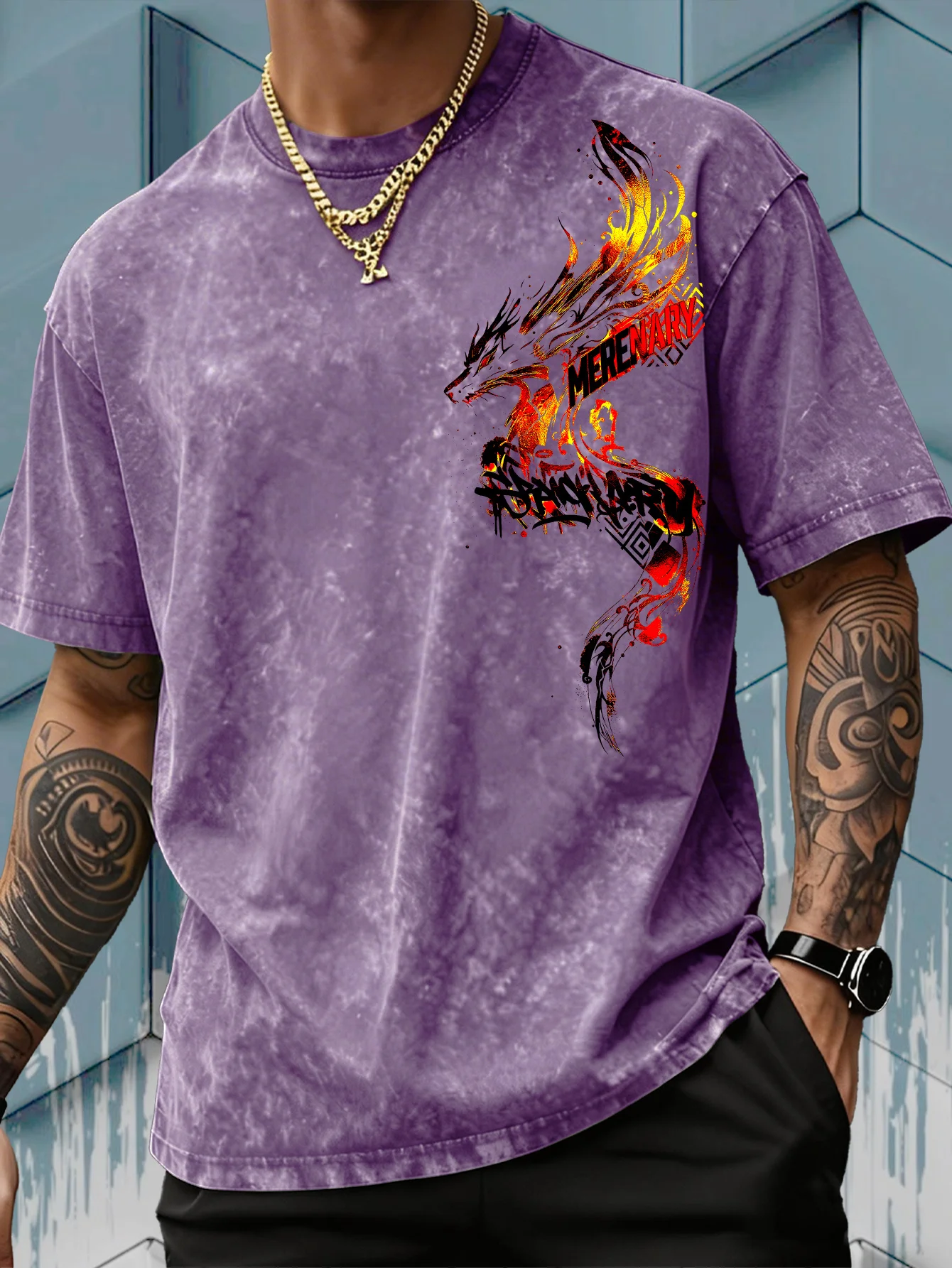 Men's Heavyweight T-shirt Side Flame Fox Big Print Vintage Acid Washed Short Sleeve Tee American Streetwear Cotton Top