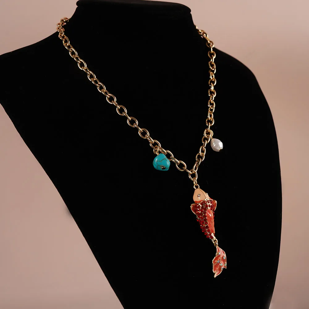 Bohemian Cute Red Fishes Pendant Necklace Mermaid Tassels Marine Charms Birthday Party Chic Jewelry Beauty Accessories