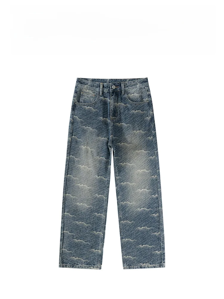 

American High Street Straight Leg Men's Jeans Casual Versatile Retro Faionable Long Pants mid Waist 3D Cutting Cotton Polye...