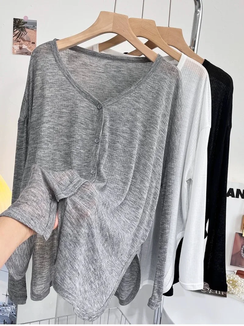 Long Sleeve Shirt Cardigan Women Thin Jacket Tops Sun Protection Clothing V-neck Sweater Buttons Korean Fashion Tops Black Gray