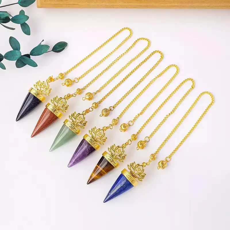 Natural Stone Pendant Pendulum for Divination Dowsing Amethysts Golden Cone Pendant Amethysts Pink Quartz Lotus Jewelry x316