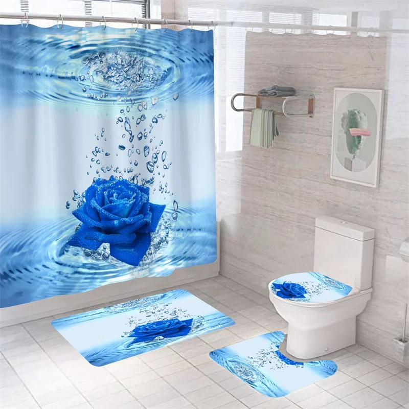 

Rose Flowers Bath Curtain Polyester Bath Mat Set High Quality Toilet Rugs Anti-slip Carpet Waterproof Shower Curtains With Hooks