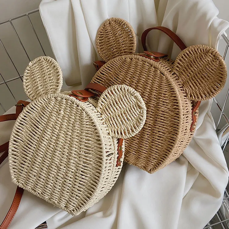 Disney New Ladies Designer Straw Fancy Bag Cute Handbag Rattan Travel Leisure Vacation Small Round Beach Mickey Shoulder Bag