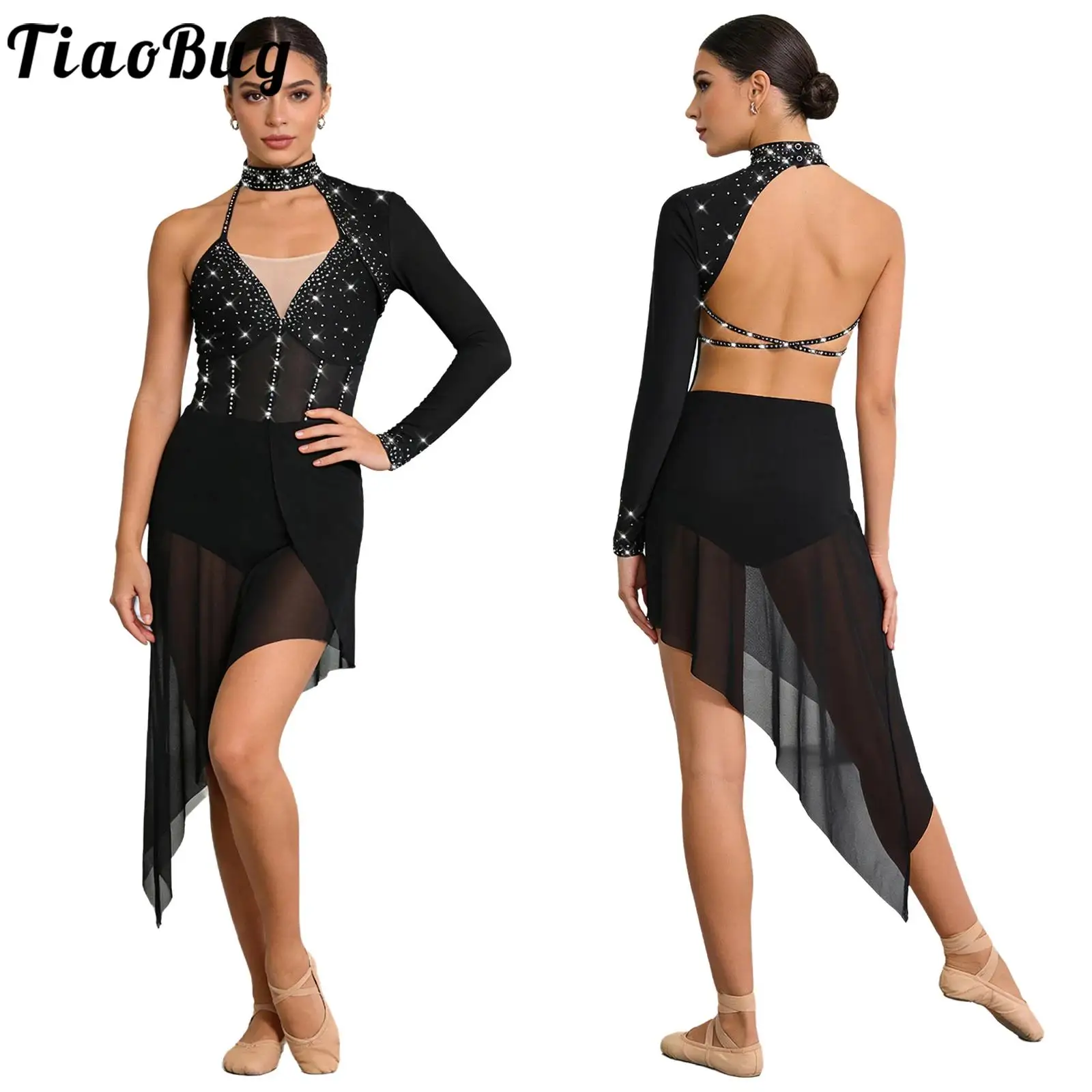 

Women Mesh Lyrical Figure Skating Leotards Dress Rhythmic Gymnastics Bodysuit Rhinestones Strappy Backless Dance Bodysuits Dress