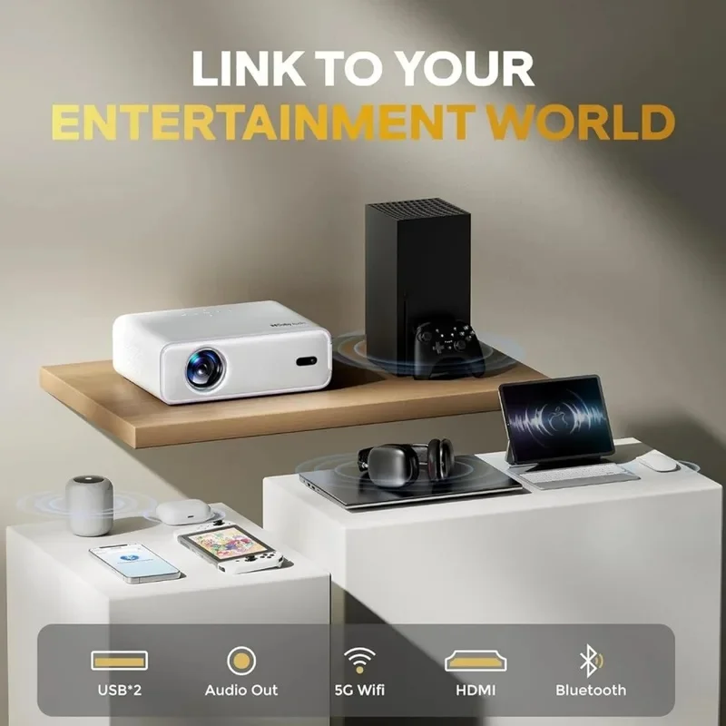 Smart Projector WiFi Bluetooth Built-in APP Auto Focus/Keystone 16W Speakers Native 1080P Portable Mini Outdoor Movie Projector