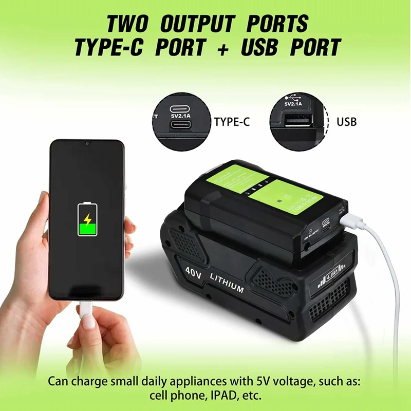 GLB40V Adapter Light For Greenworks Glibo 36-40V Lithium Batteries Overcharge Protection Electric Tool US Plug Easy Install