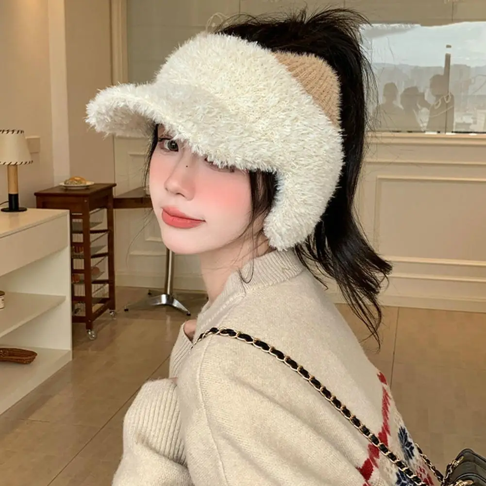 Korean Style Winter Accessory Open Top Peaked Cap Winter Visor Cap with Ear Flaps Plush Hat with Brim Open Top for Women