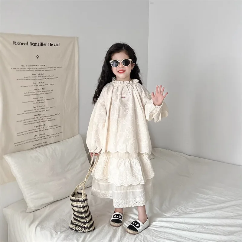 

Girls Set 2025 Autumn Spring Korean Style Fashion Sweet Elegant Floral Embroidery Long Sleeve Top Skirt Two Piece Set