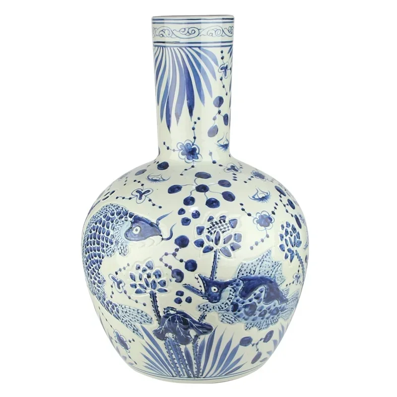 RZMA23 Antique blue and white Porcelain Fish Lines and patterns Ceramic  globular vase  Celestial bottle