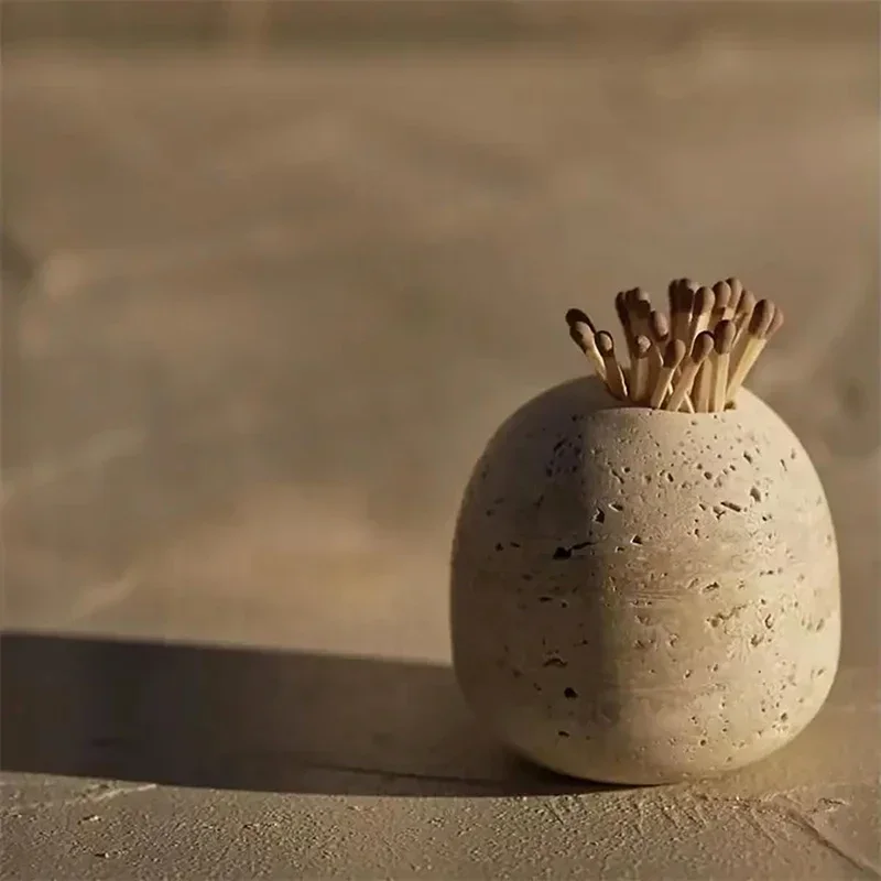 Cute Beige Matches Jar Matchstick Holder Decorative Travertine Toothpick Holder Home Decor