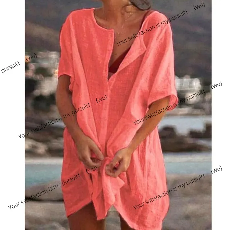 ZOCI-Women's cotton and linen long shirt, summer short sleeved solid color button up shirt, casual shirt, retro oversized size