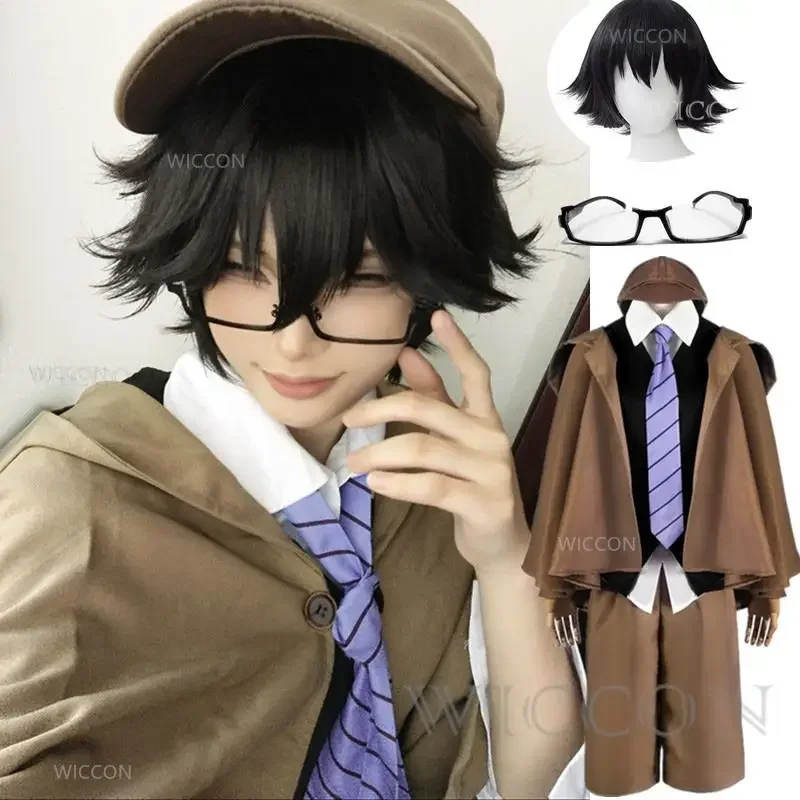 Ranpo Edogawa Cosplay Costume Wig Anime BSD Season 4 Hunting Dog Cloak Hat Glove Jacket Pants Tie Black Short Hair