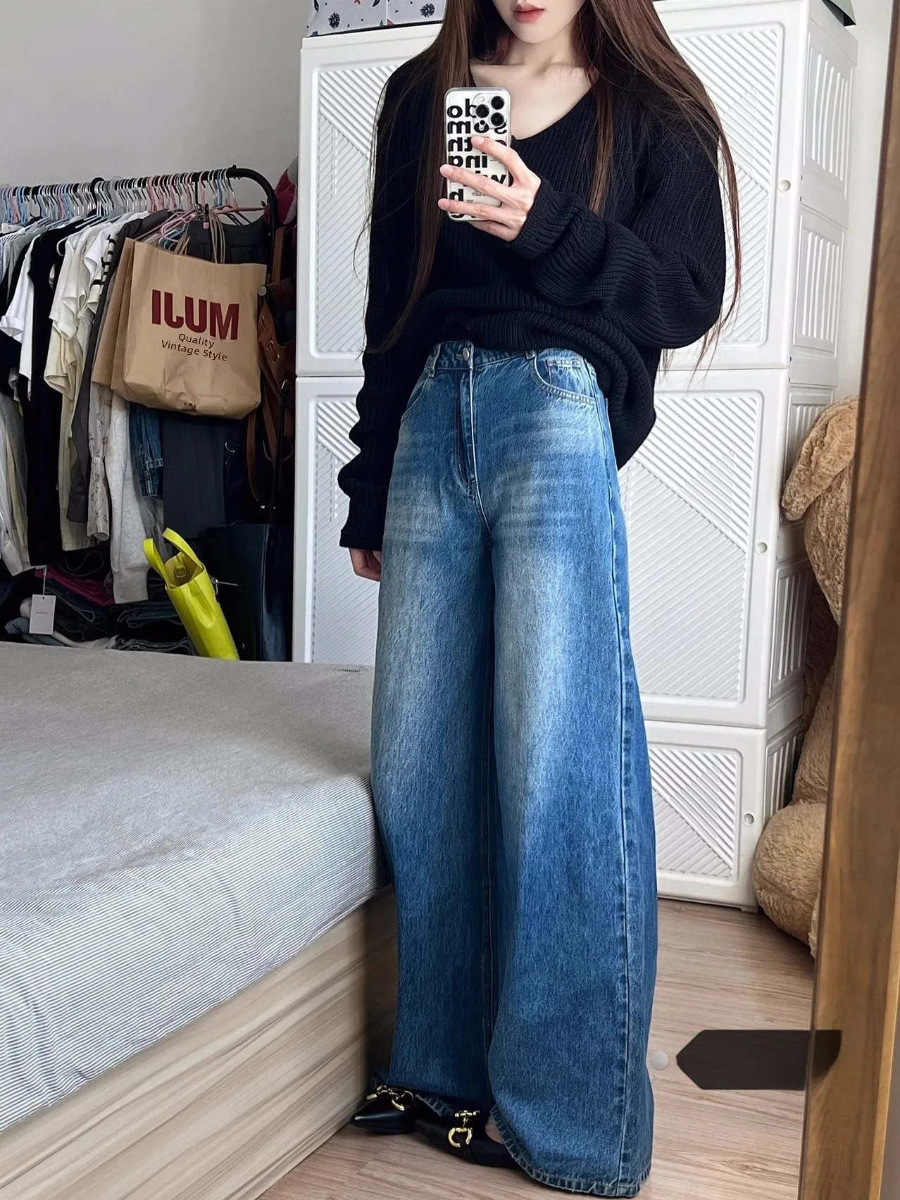 

High Waist Wide Leg Denim Jeans Women's Summer Vintage Loose Slim Straight Floor-Length Pants Draping Effect Bootcut Trousers