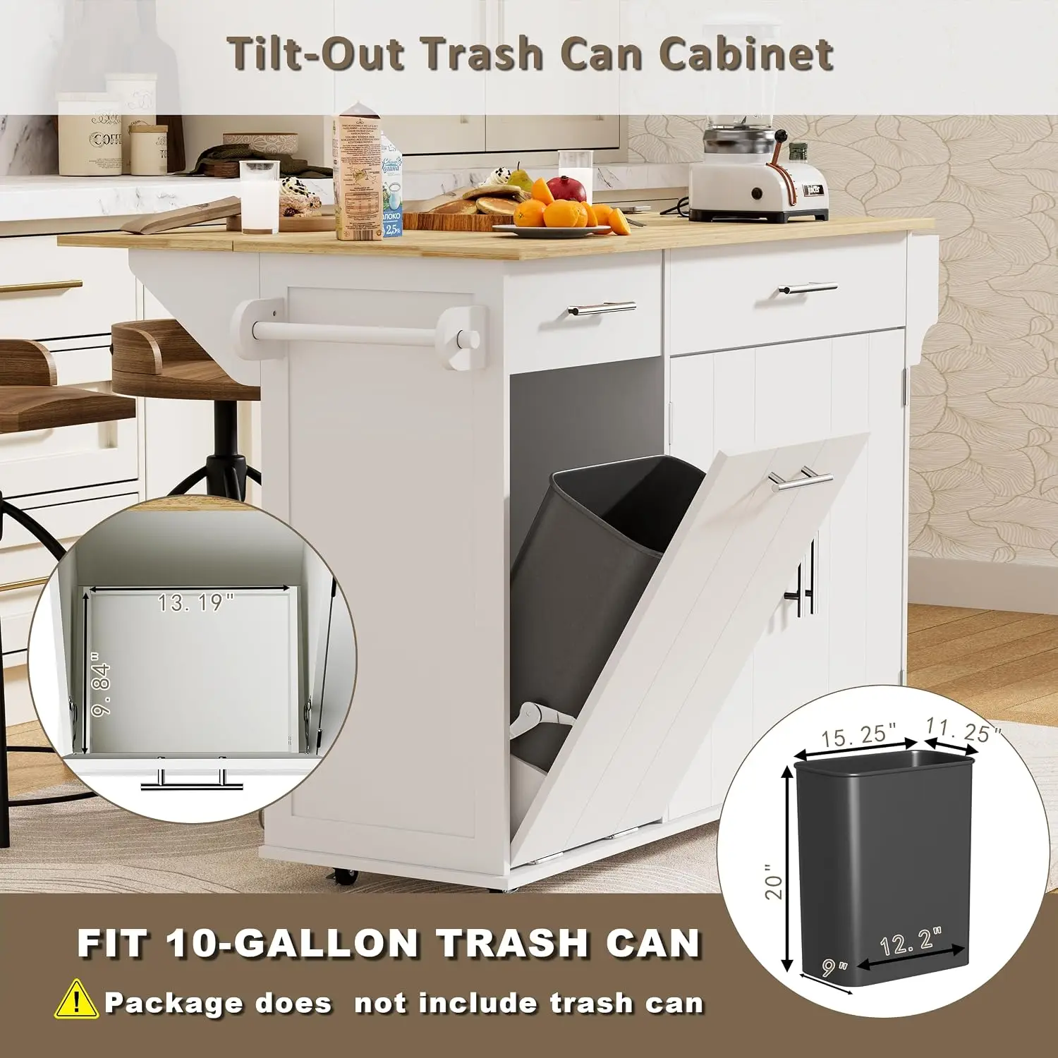 Mobile Kitchen Island Cart Trash Storage Drop Leaf Power Outlet Towel Spice Rack Wheels Large Rolling Table, Customized