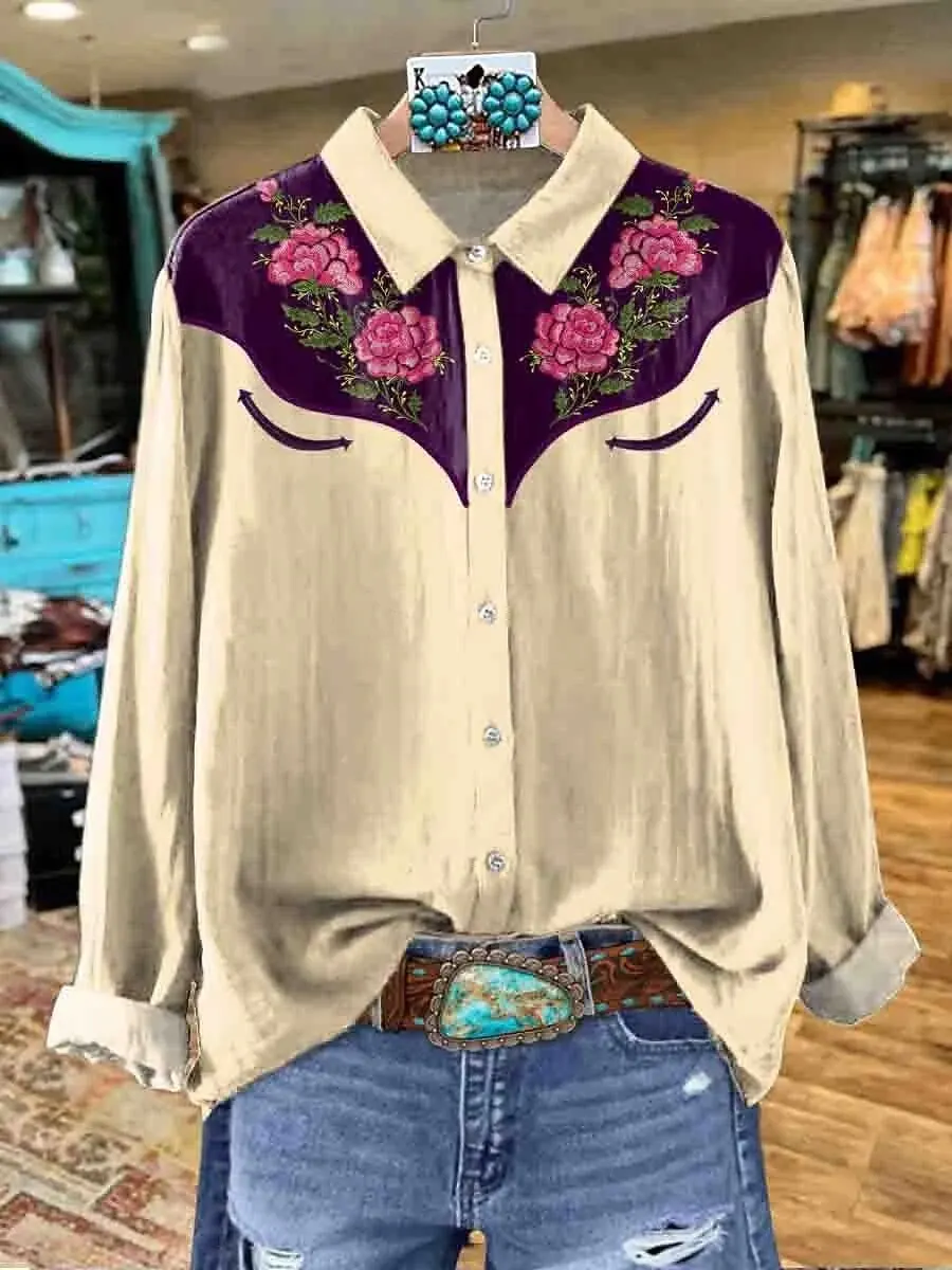 

Women's Floral Graphics Western Elegant Bohemia Printed Long Sleeve Shirt Casual Regular Tops Button Down Shirts Basic Shirt