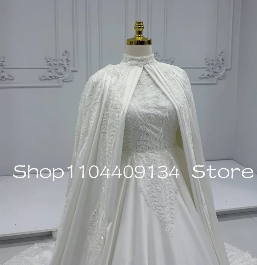 ชุดแต่งงานเจ้าหญิงมุสลิมสุดหรู พร้อมผ้าคลุมไหล่ คอสูง แขนยาว แบบคาฟตัน สำหรับเจ้าสาว ชุดงานแต่งในสวน ตัดเย็บตามสั่ง