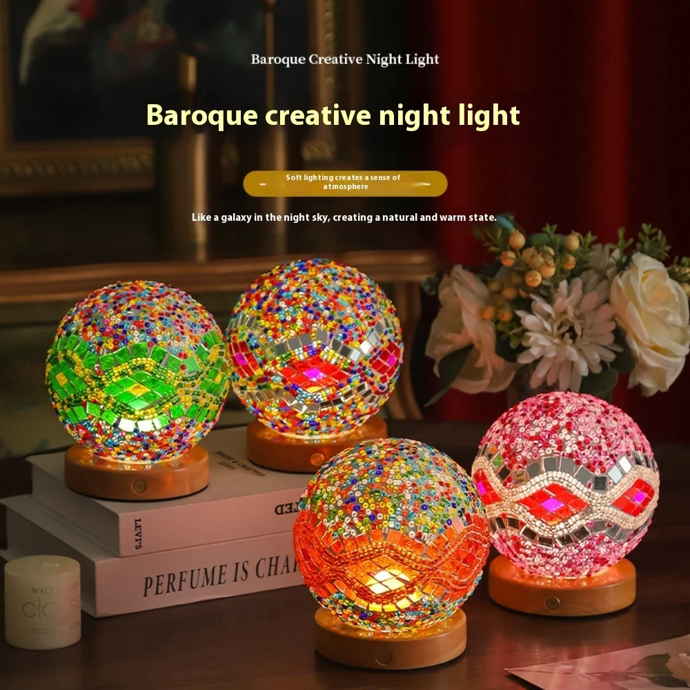 

ROBOVAN Baroque Mosaic Glass Night Light Bohemian Art Decor LED Bedside Lamp Romantic Gift for Home Decor USB Powered