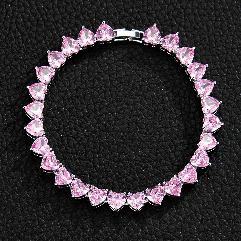 

8mm Bling Crystal Pink CZ Stone Heart Love Bracelet For Women Girl Wedding Gold Silver Color Tennis Chain Infinityy Jewelry Gift