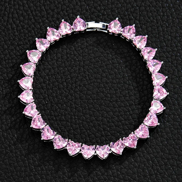 8mm Bling Crystal Pink CZ Stone Heart Love Bransoletka dla kobiet Dziewczyna Ślub Złoty Srebrny Kolor Łańcuch tenisowy Biżuteria nieskończoności Prezent