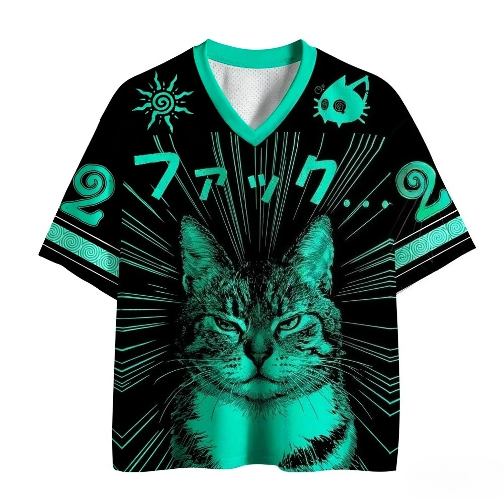 Japanese Retro Fun Lucky Cat 3D Print Quick-drying Men's and Women's V-neck Loose T-shirt, Fashionable and Trendy Children's Top