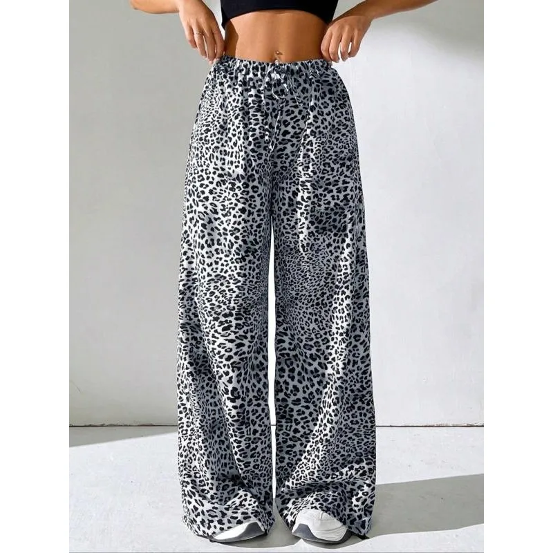 Plus Size 1XL-5XL New Women Wide Leg Pants Casual Loose Plaid Elastic Waist Lace Up Straight Trousers ﻿