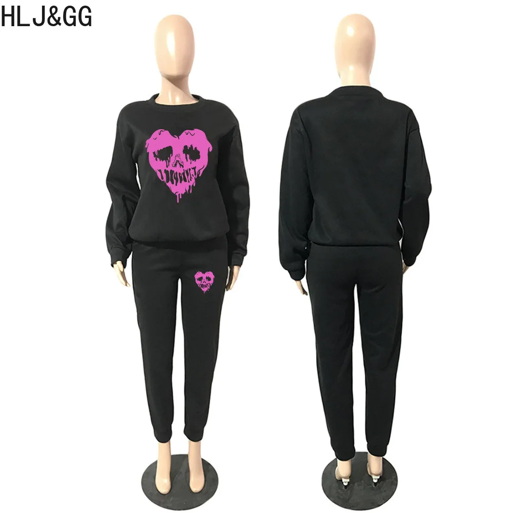 HLJ & GG autunno inverno modello stampa pantaloni Jogger set donna girocollo manica lunga Pullover e pantaloni Skinny abiti a due pezzi