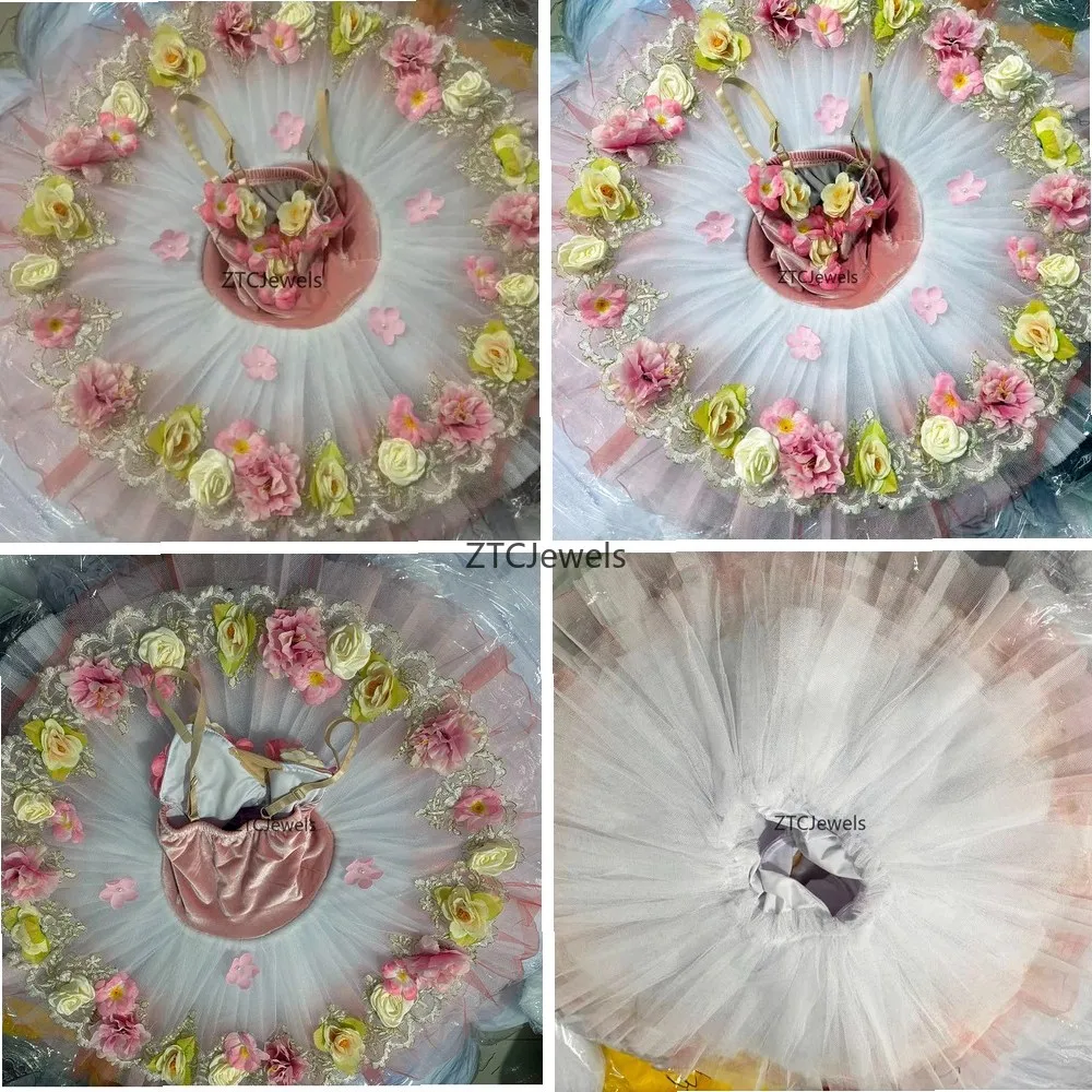 Vestido de Ballet Profesional para Niñas, Mujeres y Adultas, Falda Tipo Pancake, Disfraz de Bailarina con Flores, para Cosplay de El Lago de los Cisnes