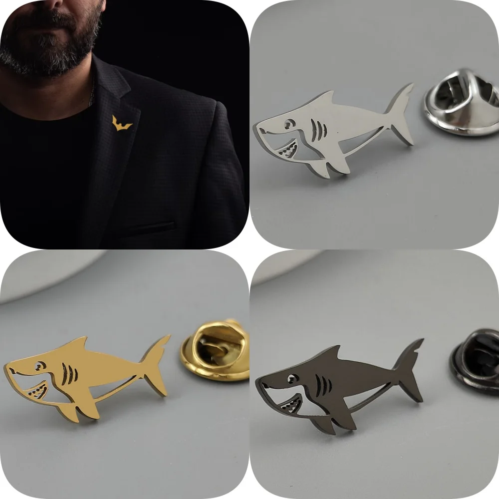 Original design Shark 18K stainless steel brooch, waterproof and non-fading badge, suit lapel pin, wedding party gift