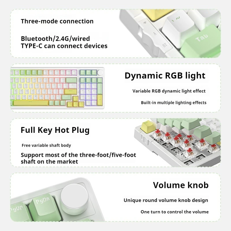 Imagem -04 - Ajazz-tri-mode 98 Teclado Mecânico sem Fio Personalizado Bluetooth Junta Verde e Preto Eixo Chá Hot Plug sem Fio Ak992