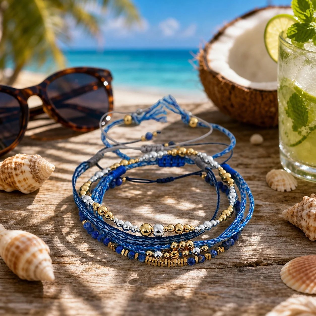 4pcs Layered Blue Cotton Cord Bracelet with Round Copper Beads Tie Closure Boho Rope Chain Summer Beach Style for Women