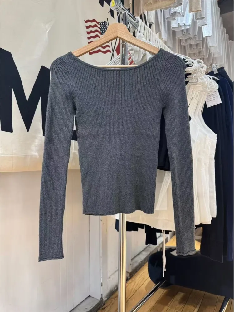 

Модные серые вязаные футболки женские осенние новые хлопковые ребристые тонкие футболки с длинными рукавами в консервативном стиле простые базовые свитера топы Y2K