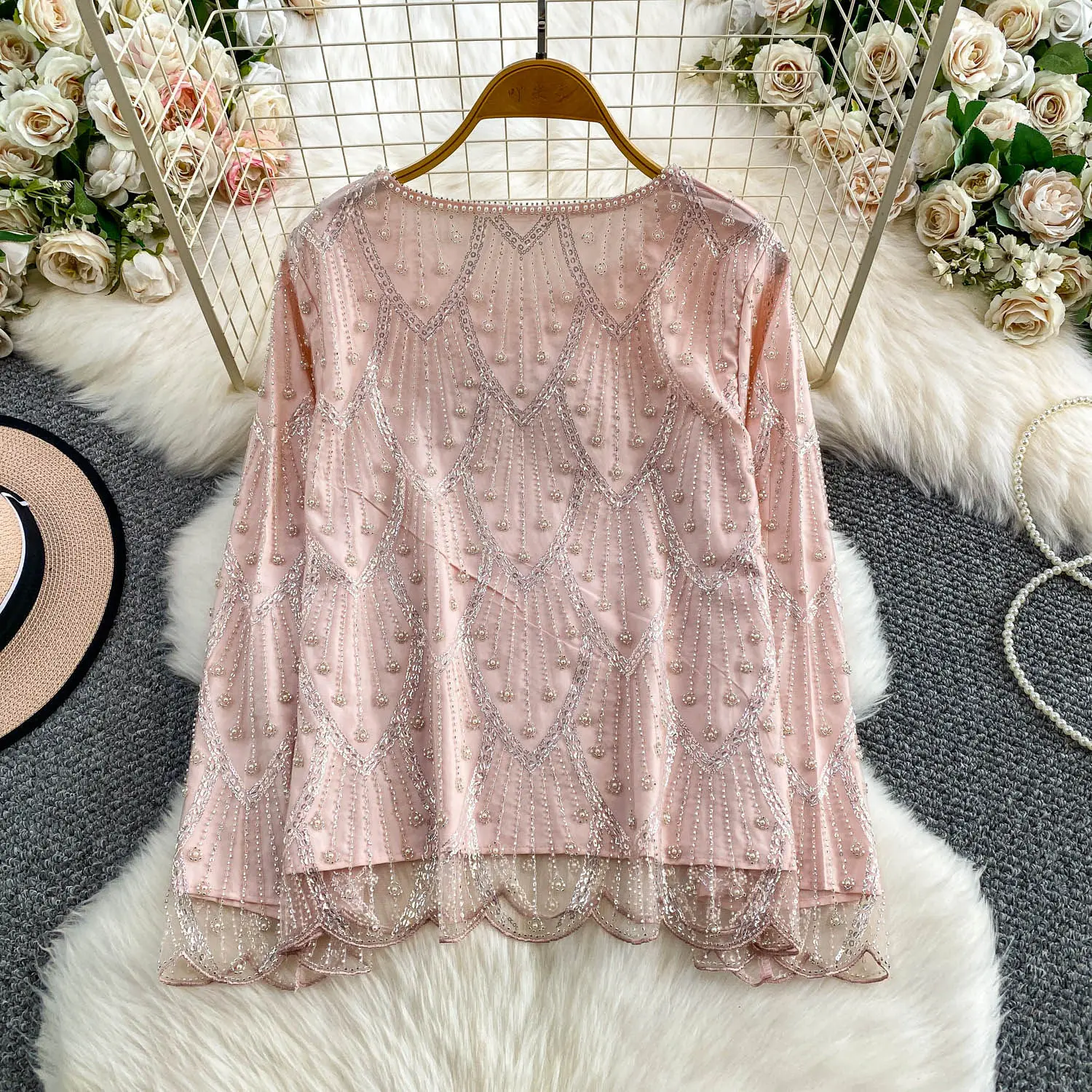 Vintage basics sequin loose long sleeve Blouse Korean Fashion Sexy office lady Shirt  women clothing