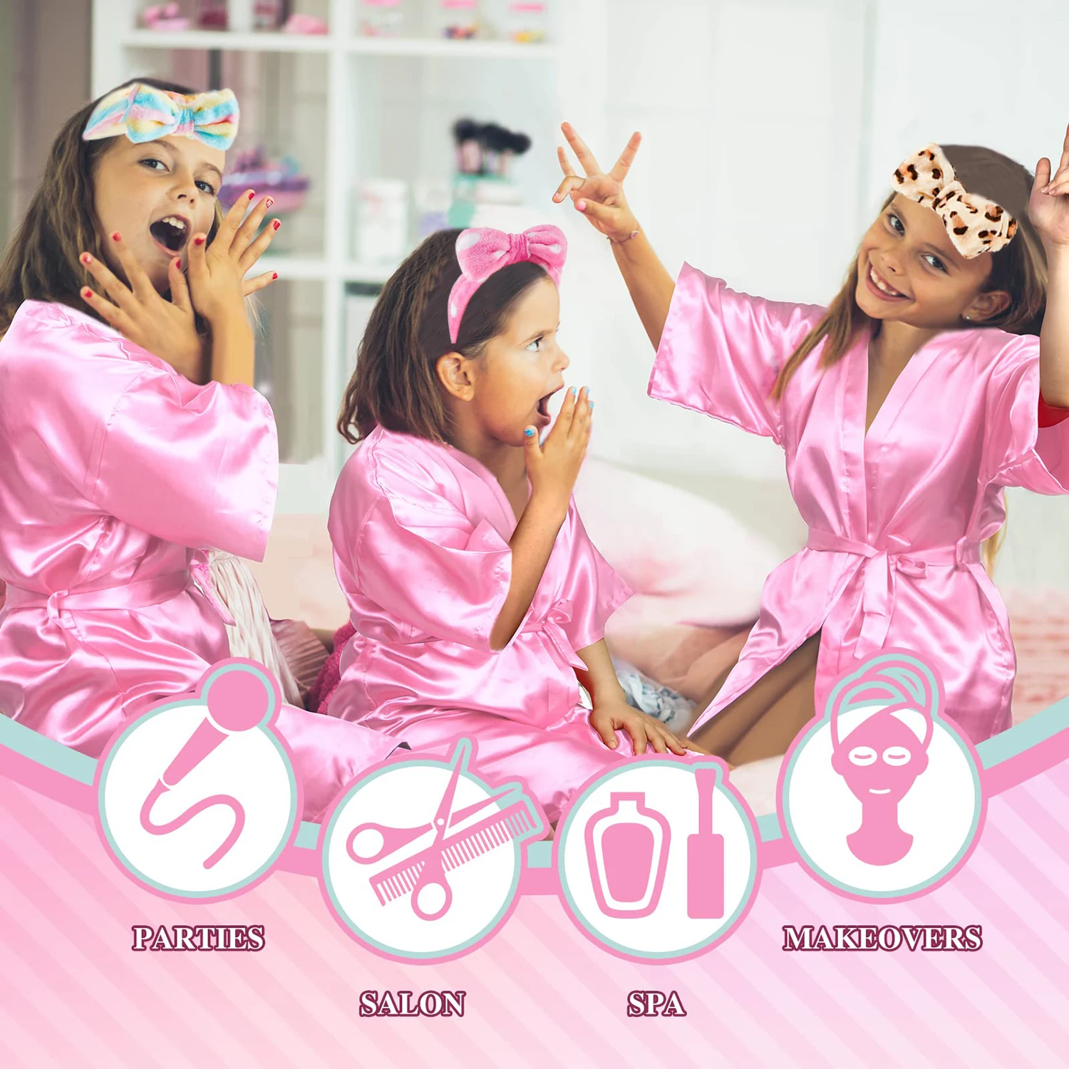 6-15 Set Kimono Girl Bathrobe Birthday Squad Robe Satin Silk Robe Slumber Party Favor Disposable Spa Party Headband Slippers