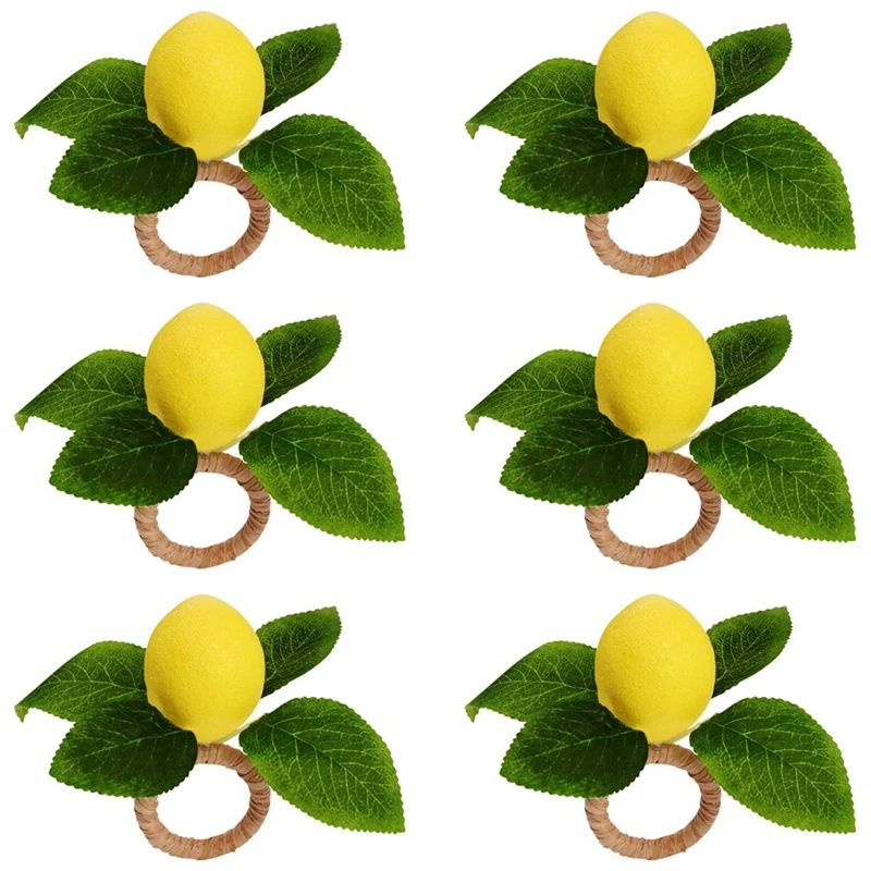 

HOT-Lemon Napkin Rings Set Of 6, Faux Lemon Summer Farmhouse Napkin Ring Holder For Dining Table Decor Banquet Wedding