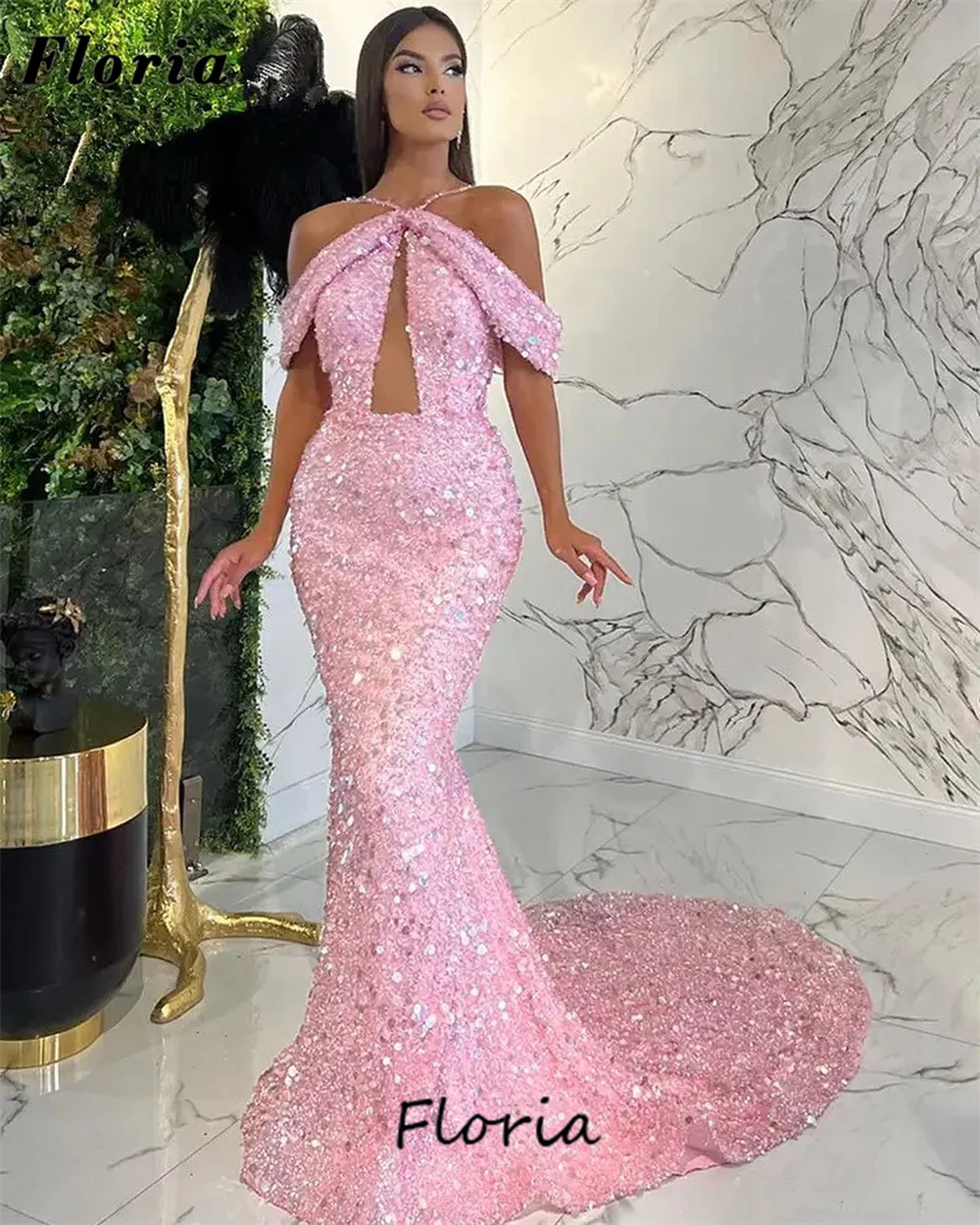 Baby Pink Sequins Party Dresses Huate Coutures Off Shoulder Women Evening Dress Elegant Dubai Long Train Cocktail Dress Vestidos