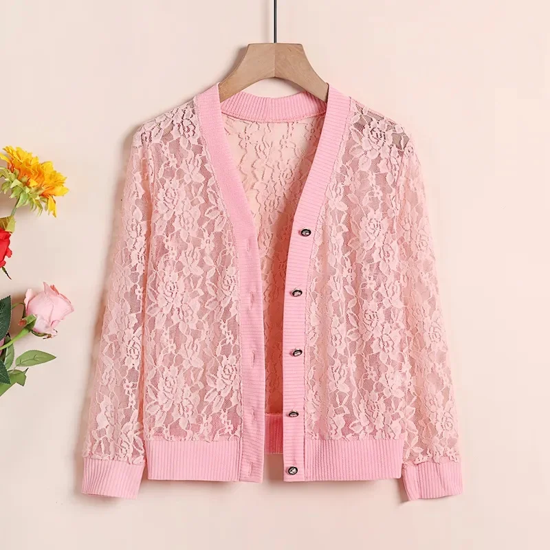 

2024 New lace Cardigan Button Sunscreen Clothing Women Loose Spring Summer Thin Shawl knitted Hollow Coat Female Top