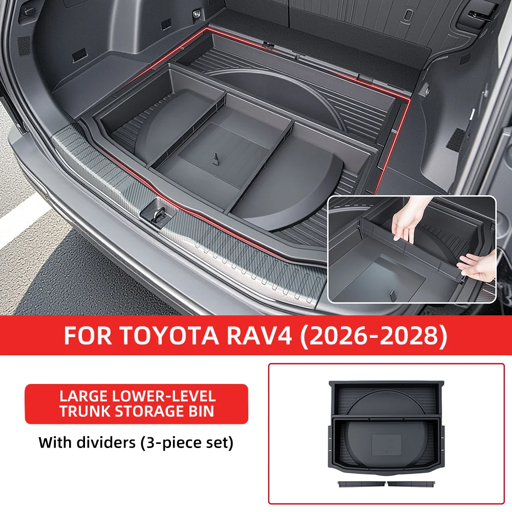 3Pcs Black ABS For Toyota RAV4 2026-2028 Rear Trunk Under-Floor Storage Organizer Bin With Removable Dividers Cargo Storage Trim