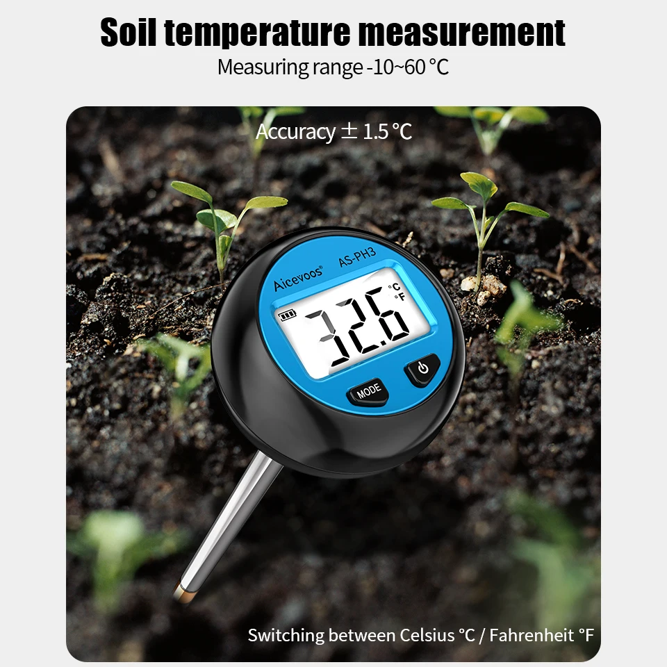 Aicevoos-medidor de Ph del suelo Digital 3 en 1, Monitor de temperatura y humedad, probador de acidez de Ph, jardinería, agricultura