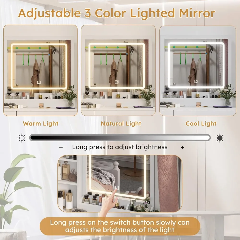 illuminated white vanity desk with drawers and charging port