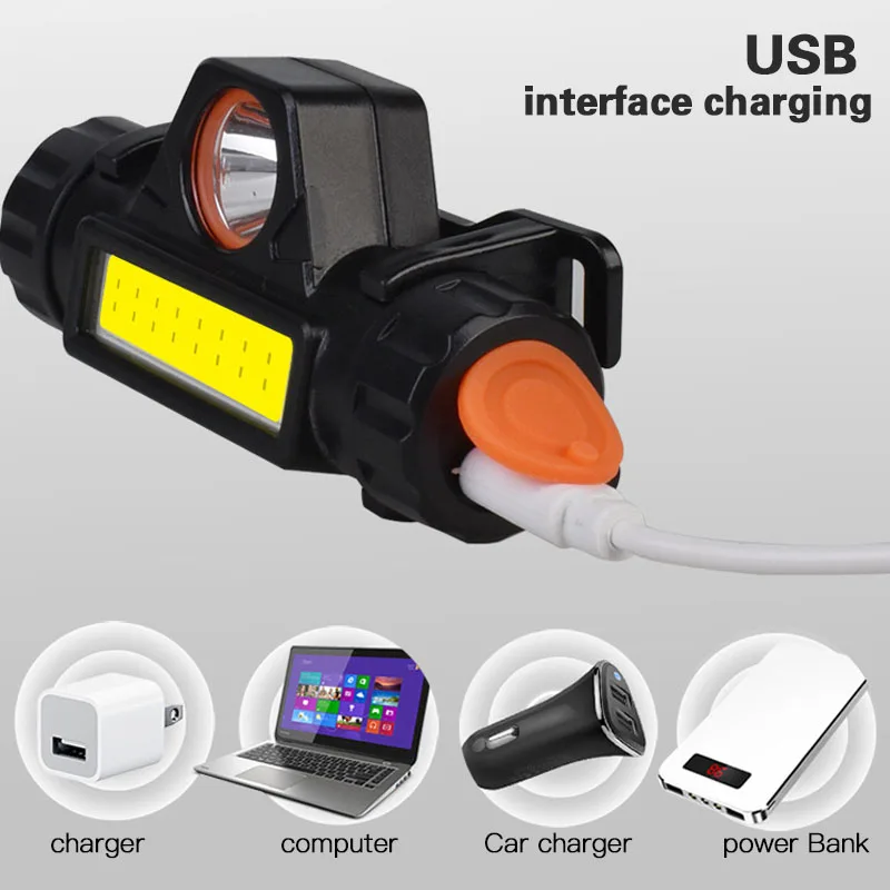 USB Oplaadbare LED-koplamp Krachtige COB-koplamp Hoofdzaklamp Zaklamp Waterdicht hoofdlicht met 1200 mAh Ingebouwde batterij