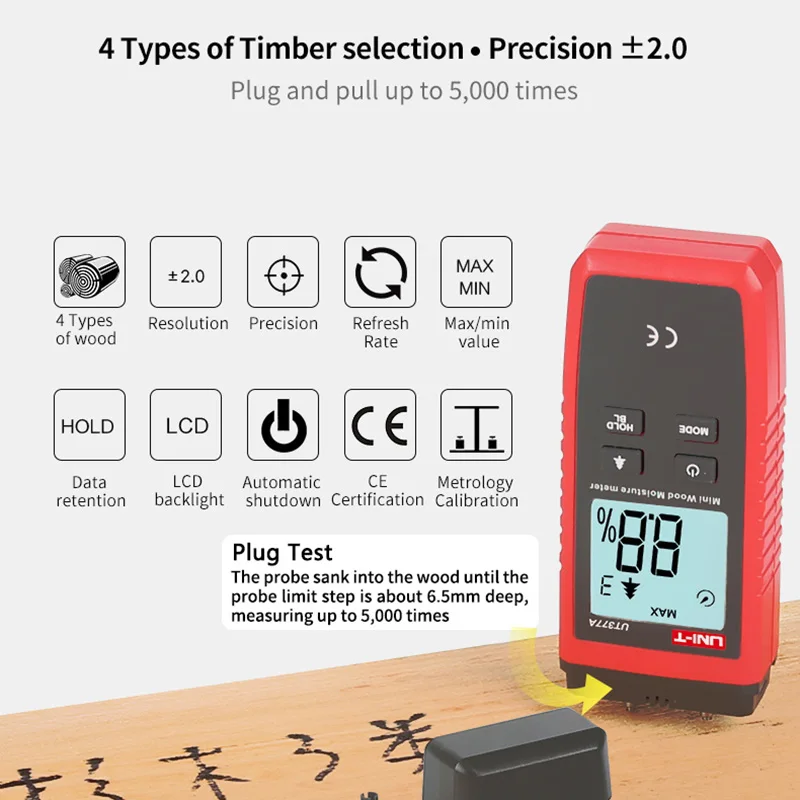 UNI-T UT377A Digital Wood Moisture Meter Hygrometer Humidity Tester for Paper Plywood Wooden Materials LCD Backlight