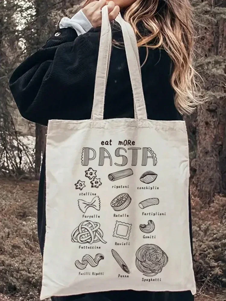 1 pçs na moda macarrão padrão feminino lona sacola dobrável ombro saco de compras para deslocamento diário melhor presente para amantes de macarrão