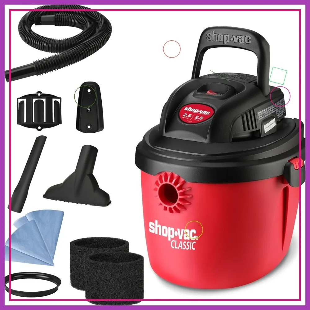 Vacuum Basah/Kering 2.5 Galon dengan 2.5 HP, Desain Portabel, Pemasangan di Dinding & Aksesoris untuk Penggunaan di Rumah