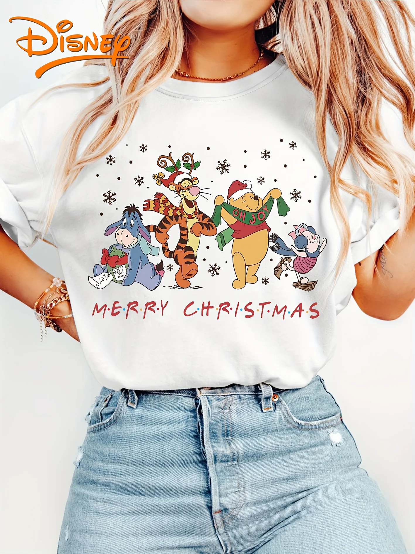 

Disney Winnie The Pooh Christmas T-Shirt Cotton Men's Women Casual Trendy Oversized Loose Short Sleeve Unisex Event Outfit